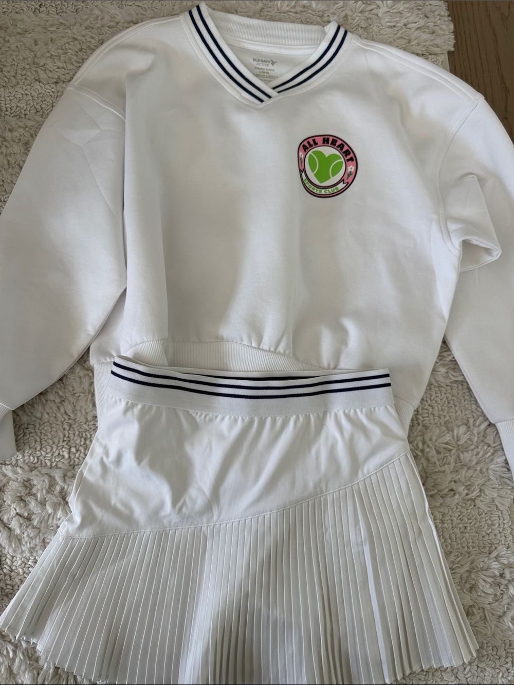 Old Navy White Sweatshirt & Pleated Tennis Skirt Set with Pink-Green Logo